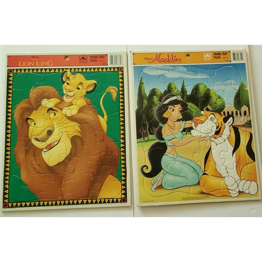 Vintage Golden Frame Tray Puzzles (2) Disney's  Aladdin and Lion King 11x15